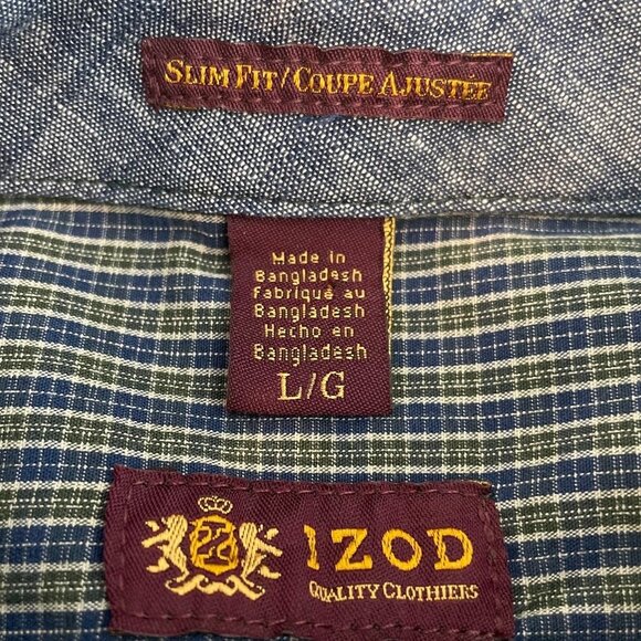 Izod Slim Fit Casual Button Down Lg Slv Check Cotton Shirt Navy + Green Sz L - Picture 10 of 12